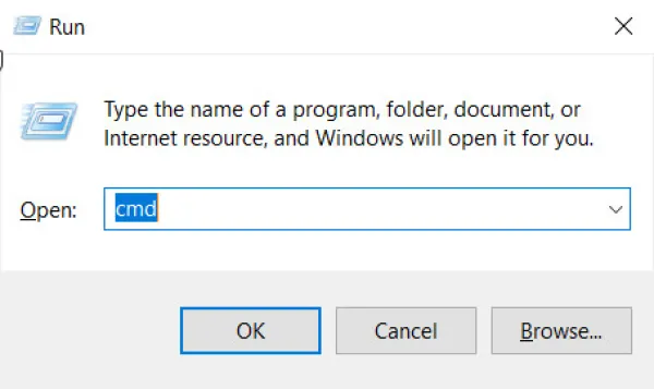 Nhấn tổ hợp phím Windows + R và nhập cmd vào ô tìm kiếm