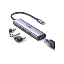 Hub chia USB Type-C to 3 cổng USB 3.0 Type-A kèm Lan Gigabit, vỏ nhôm chính hãng Ugreen 60600