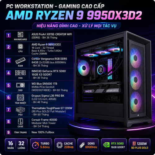 PC Gaming Ryzen 9 9950X3D2 | RTX 5080 16GB | RAM 64GB | SSD 1TB NVMe | PSU 1200W