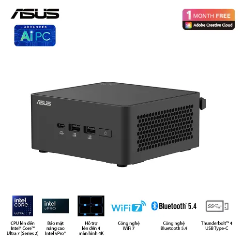 Máy tính Mini PC ASUS NUC 15 PRO NUC15CRH/ Ultra 7 255H | 2xDDR5 | INTEL ARC GPU | 2xNVMe | 2xTHUNDERBOLT | WIFI7 BE201 | nOS | RNUC15CRHU700000I