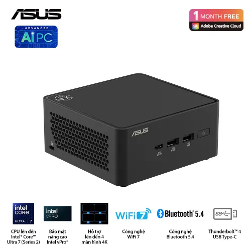 Máy tính Mini PC ASUS NUC 15 PRO NUC15CRH/ Ultra 7 255H | 2xDDR5 | INTEL ARC GPU | 2xNVMe | 2xTHUNDERBOLT | WIFI7 BE201 | nOS | RNUC15CRHU700000I