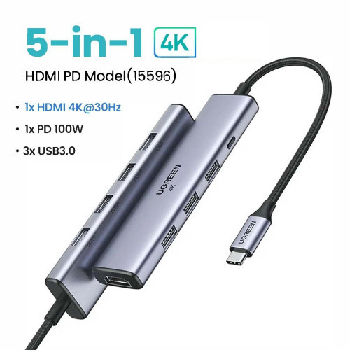 Hub chuyển đổi UGREEN 5-in-1 USB Type-C sang 1x HDMI 4K/30Hz | 1x USB Type-C PD | 3x USB Type-A - 15596