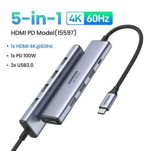 Hub chuyển đổi UGREEN 5-in-1 USB Type-C sang 1x HDMI 4K/60Hz | 1x USB Type-C PD | 3x USB Type-A 3.0 - 15597