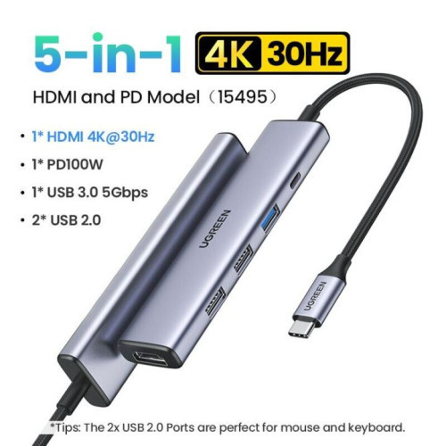 Hub chuyển đổi UGREEN 5-in-1 USB Type-C sang 1x HDMI | 1x USB Type-C | 3x USB Type-A - 15495