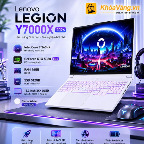 Lenovo Legion Y7000X 2026 | Core 7 245HX | RAM 16GB | SSD 512GB | RTX 5060 8GB | 15.3 inch 2K+ OLED 165Hz | New 100% | Glacier White