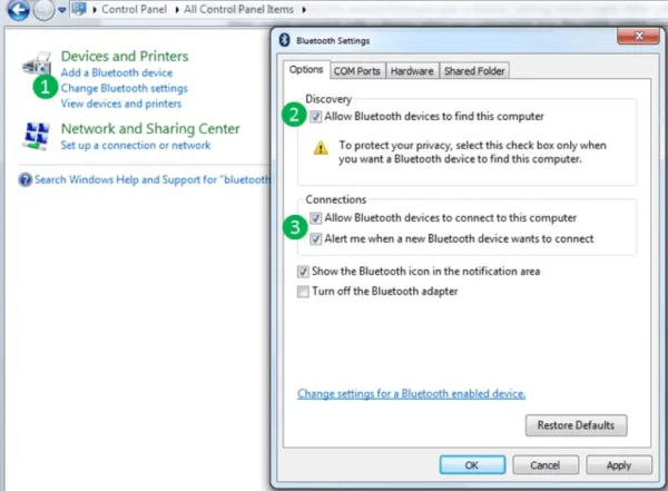 Cách bật và bổ sung các thiết bị Bluetooth sau khi download driver bluetooth cho laptop Win 7