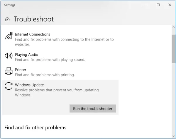 Chạy Windows Update Troubleshooter để khắc phục lỗi không tắt được máy tính win 10