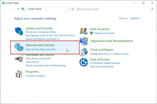 Bấm chọn Network and Internet