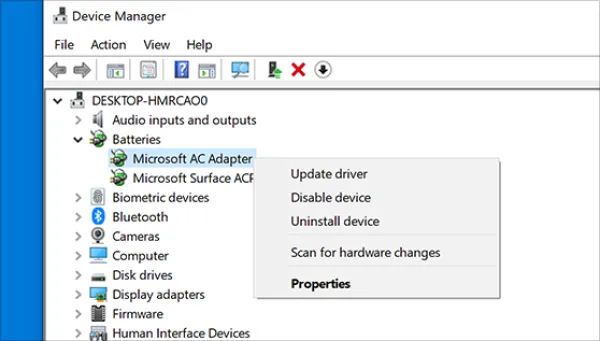  nhấp chuột phải vào Microsoft AC Adapter và chọn mục Disable device.