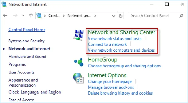 Chọn vào mục Network and Sharing Center