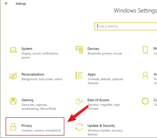 Mở cửa sổ Settings Windows nhấn chọn Privacy
