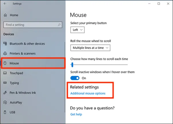Nhấn vào Additional mouse options.