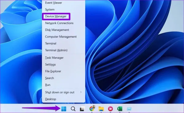 Nhấp chuột phải vào biểu tượng menu Bắt đầu hoặc nhấn Windows + X và chọn Trình quản lý thiết bị trong menu truy cập nhanh.