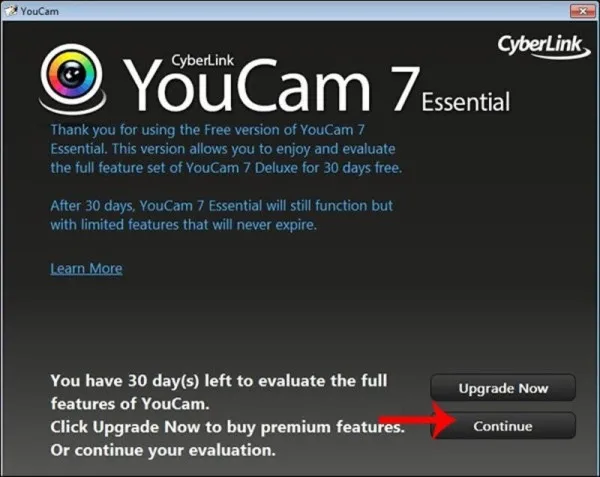 Sau khi cài đặt xong màn hình sẽ hiển thị giao diện như hình bên dưới, chúng ta ấn chọn nút Tiếp tục để hoàn tất quá trình cài đặt phần mềm CyberLink YouCam trên Windows 7. 