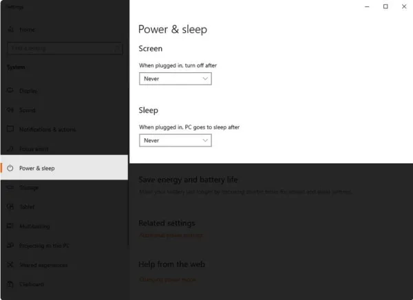 Screen (tắt màn hình sau thời gian được chọn) và Sleep (đưa máy tính vào trạng thái ngủ sau thời gian được chọn).