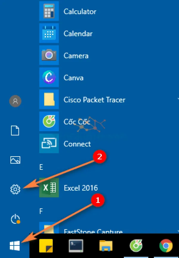 Truy cập mục Settings trong biểu tượng Windows