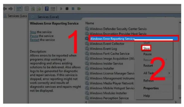 Windows Error Reporting Service, nhấn 