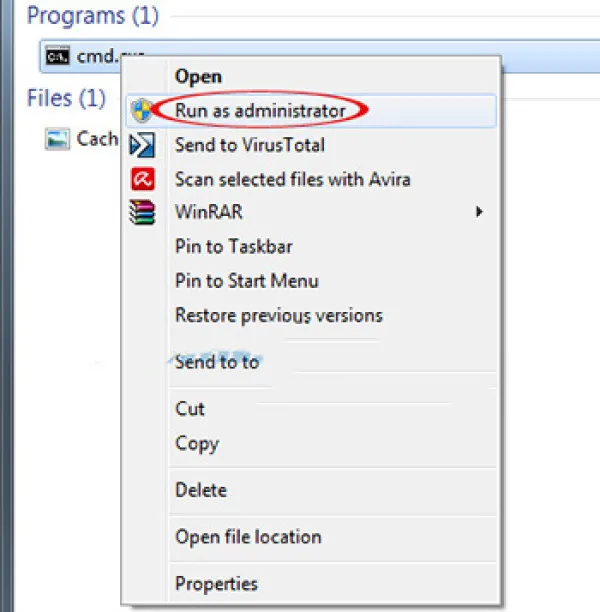 bạn hãy nhấp chuột phải vào cmd.exe và chọn Run as administrator để mở cửa sổ lệnh.
