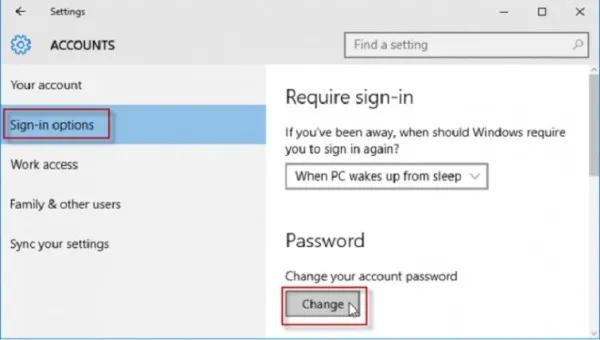 chọn mục "Change" nằm bên dưới tùy chọn "Change your account password". 
