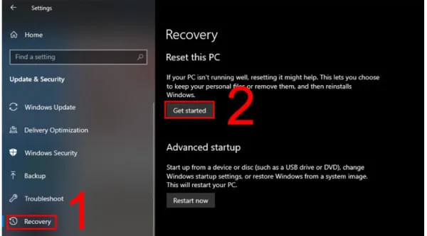 chọn Get started trong phần Reset this PC.
