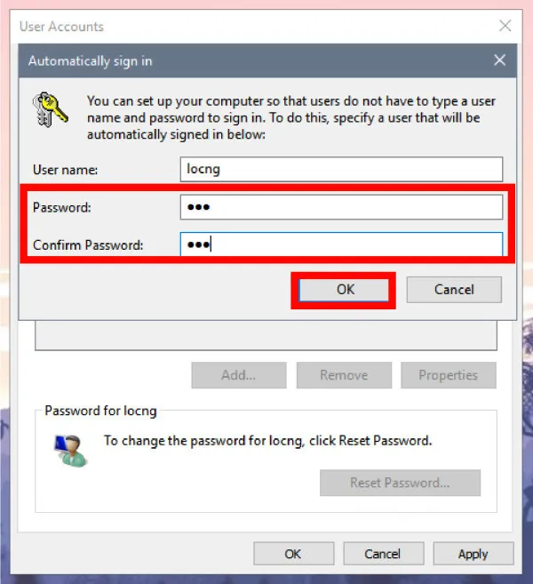  nhấn OK để hoàn tất quá trình xóa mật khẩu đăng nhập máy tính.