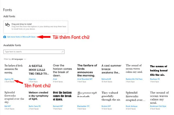 Nhấn vào Get More Fonts trong Microsoft Store để tải thêm nhiều font chữ mới.