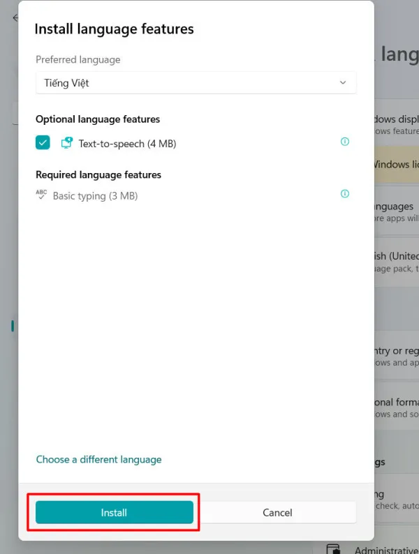  Trong cửa sổ Install language features, bạn hãy bấm chọn Install.