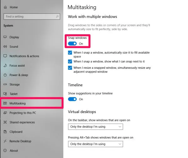 Bạn chọn mục Multitasking, nhấn chọn Snap windows.