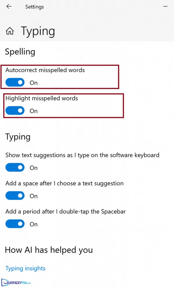 Cài đặt tự động để sửa lỗi chính tả trên Windows 10 trong Settings