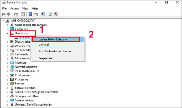 Nhấp vào ổ đĩa, nhấp chuột phải vào ổ cứng thứ hai và chọn Update Driver Software