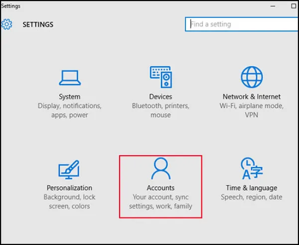 Tại giao diện Settings, nhấn chọn Accounts.