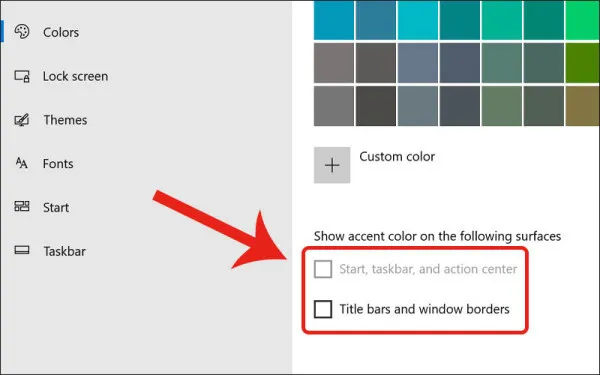 Tick bỏ chọn 2 ô Start, taskbar, and action center và Title bars.