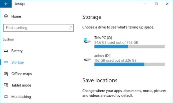 Tiếp theo bạn nhấp chọn Storage. Dưới mục Storage, bạn nhấp chọn vào ổ đĩa cài đặt Windows 10 (thường là ổ C).