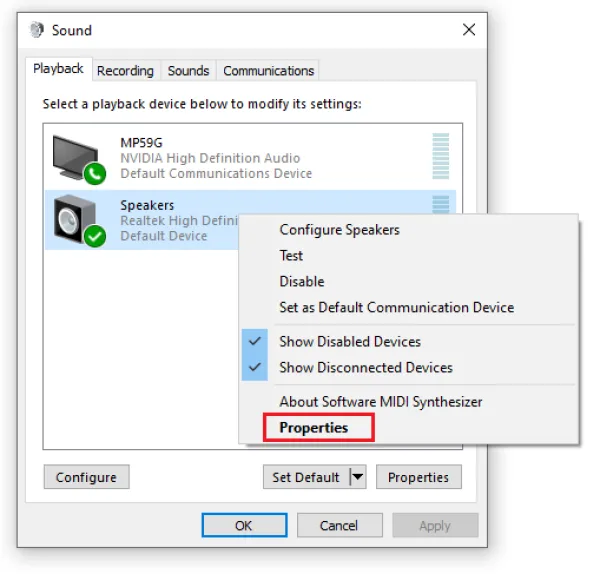 Âm thanh xuất hiện, nhấp chuột phải vào Speakers và chọn Properties   