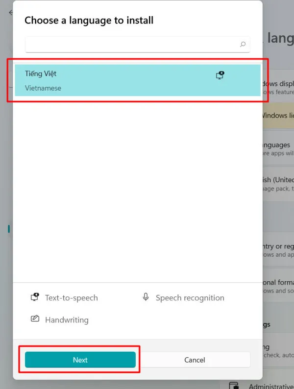 bạn bấm chọn ngôn ngữ Tiếng Việt (Vietnamese) để thêm vào, sau đó bấm chọn Next.