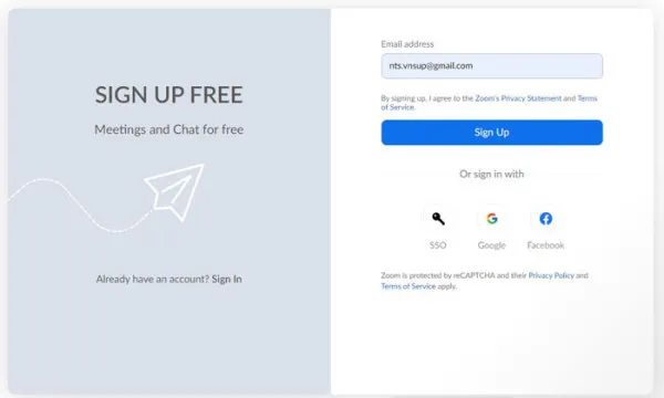 các bạn nhập email và chọn Sign up để đăng ký tài khoản.