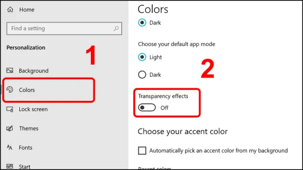 chọn Off trong tùy chọn Transparency effects.
