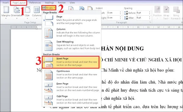  sau đó chọn Next page để chia văn bản thành 2 phần khác nhau.