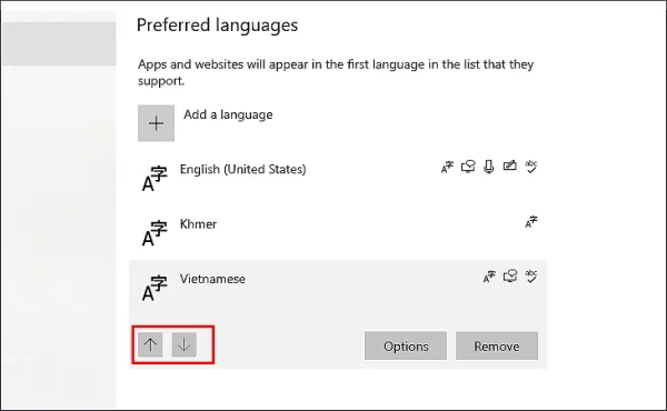 Set as default để chỉnh Tiếng Việt là ngôn ngữ mặc định của máy.