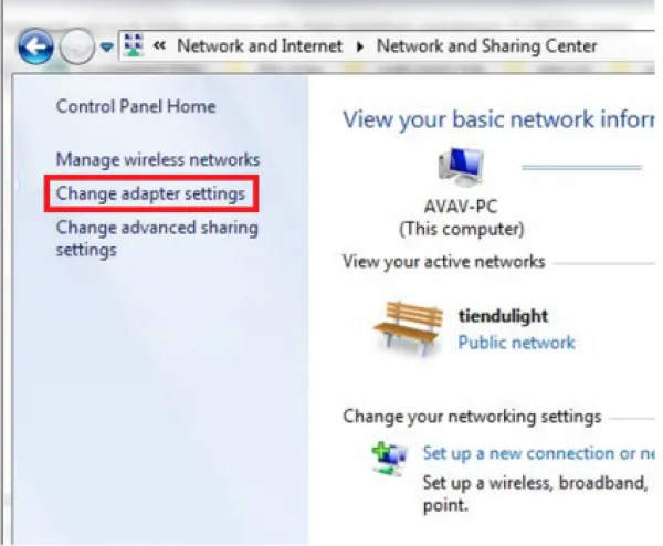 Tiếp tục nhấn chọn mục Change adapter settings để vào cửa sổ quản lý mạng.