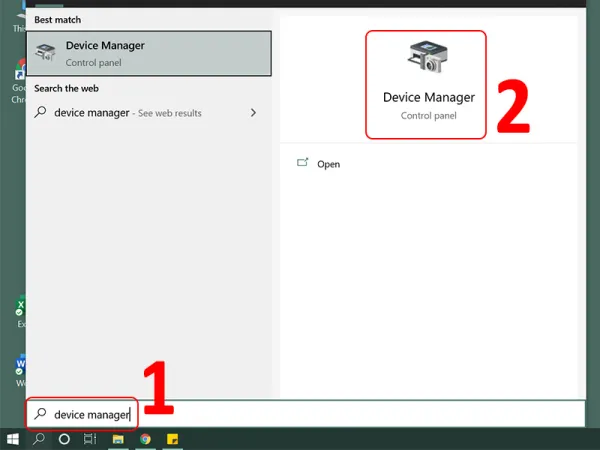 Truy cập vào cửa sổ Device Manager bằng cách nhập từ khóa vào thanh tìm kiếm.