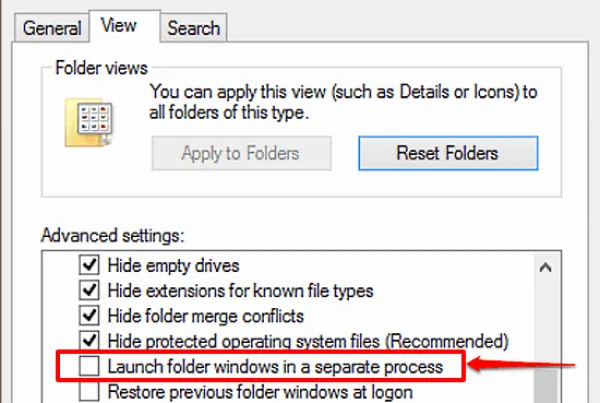 bỏ tích Launch folder windows in a separate process 