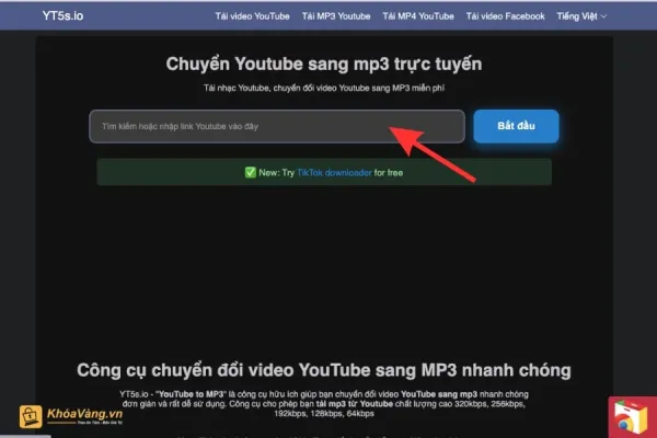 Bước 1: Đầu tiên, chúng ta truy cập vào đường dẫn: https://yt5s.io/vi/youtube-to-mp3.