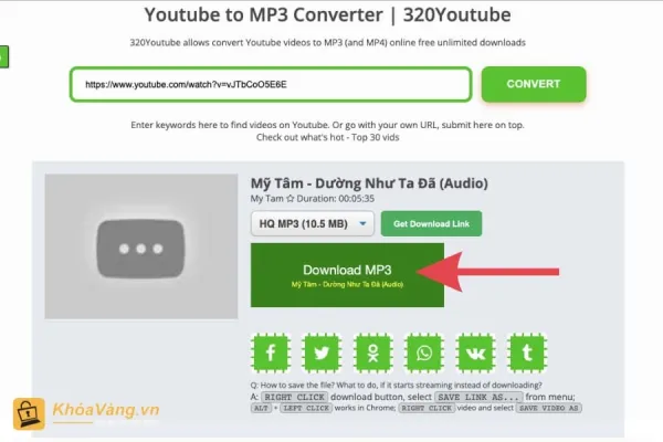 Chọn định dạng Mp3 và bấm vào nút "Download" để tải file Mp3 về máy tính hoặc thiết bị của bạn