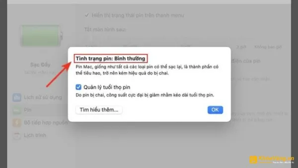 Bảng thông tin về tình trang Pin