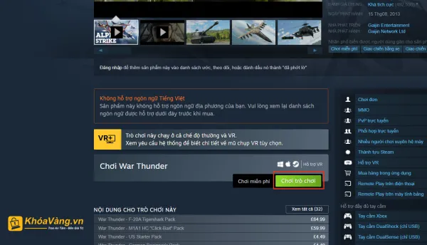 Cài đặt War Thunder trên Steam