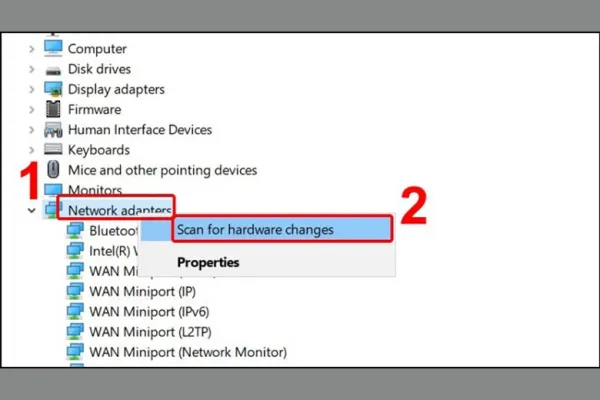 chọn lệnh Scan for hardware changes, bước này sẽ giúp laptop của bạn tự động dò tìm để cài đặt Driver Wifi mới