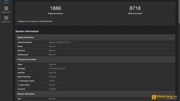 Chấm điểm hiệu năng Apple M2 trên MacBook Air M2 theo GeekBench 5
