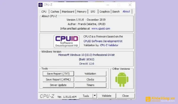 Tab About hiển thị thông tin về phiên bản phần mềm CPU-Z
