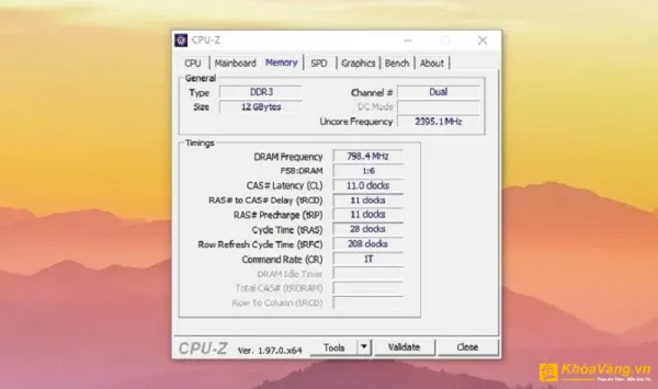 Tab Memory hiển thị thông tin về bộ nhớ RAM